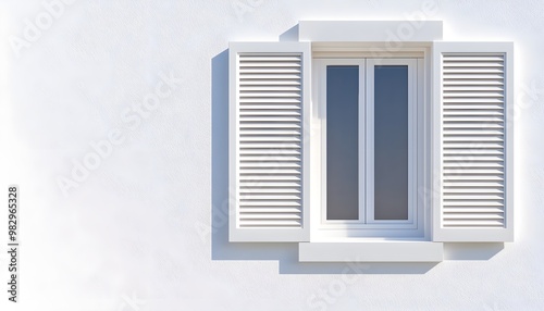 Trio of white windows with shutters partially open, highlighting sleek and simple exterior design, suburban home aesthetic concept