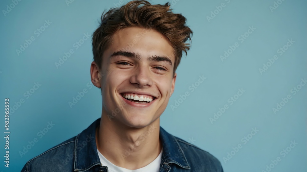 Fototapeta premium teenage european man on pastel blue background model close-up smiling with beautiful teeth for ad concept space for text