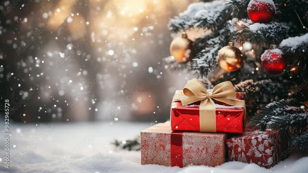 Presents wrapped in colorful paper sit beneath a Christmas tree surrounded by gently falling snowflakes in a winter landscape