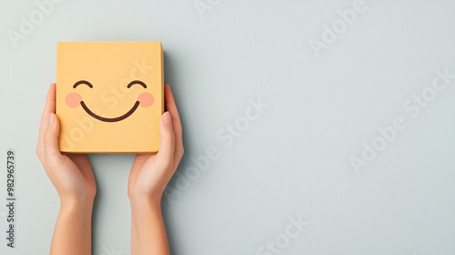 A pair of hands gently holds cheerful yellow box with smiling face, set against soft pastel background. This image radiates happiness and positivity