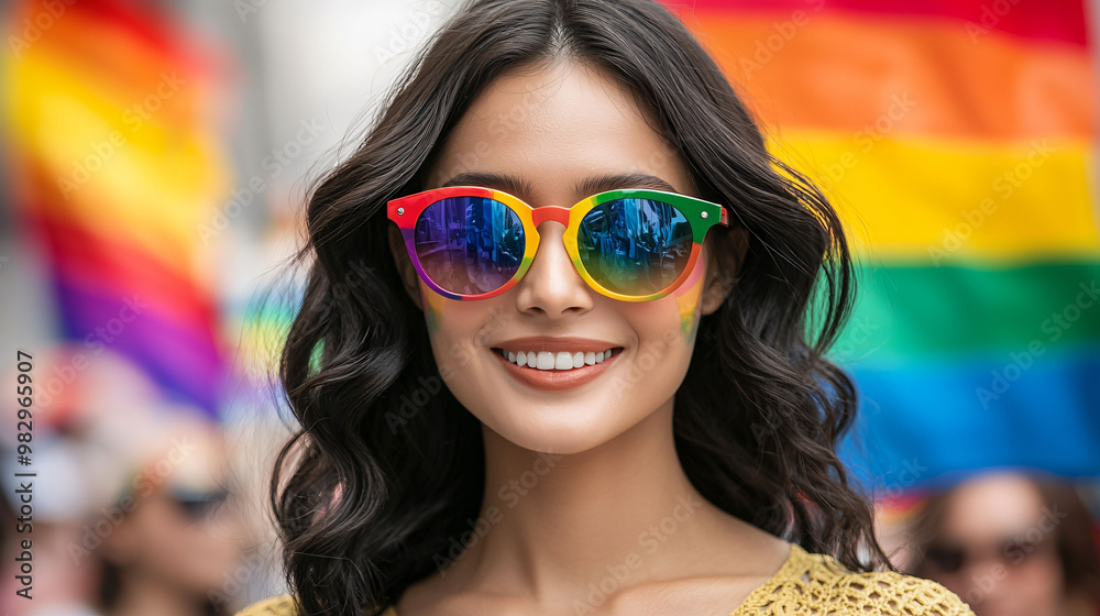 A young woman smiles brightly at pride parade, wearing colorful rainbow sunglasses that reflect vibrant atmosphere around her. joyful celebration is filled with rainbow flags, symbolizing love and acc A young woman smiles brightly at pride parade, wearing colorful rainbow sunglasses that reflect vibrant atmosphere around her. joyful celebration is filled with rainbow flags, symbolizing love and acc