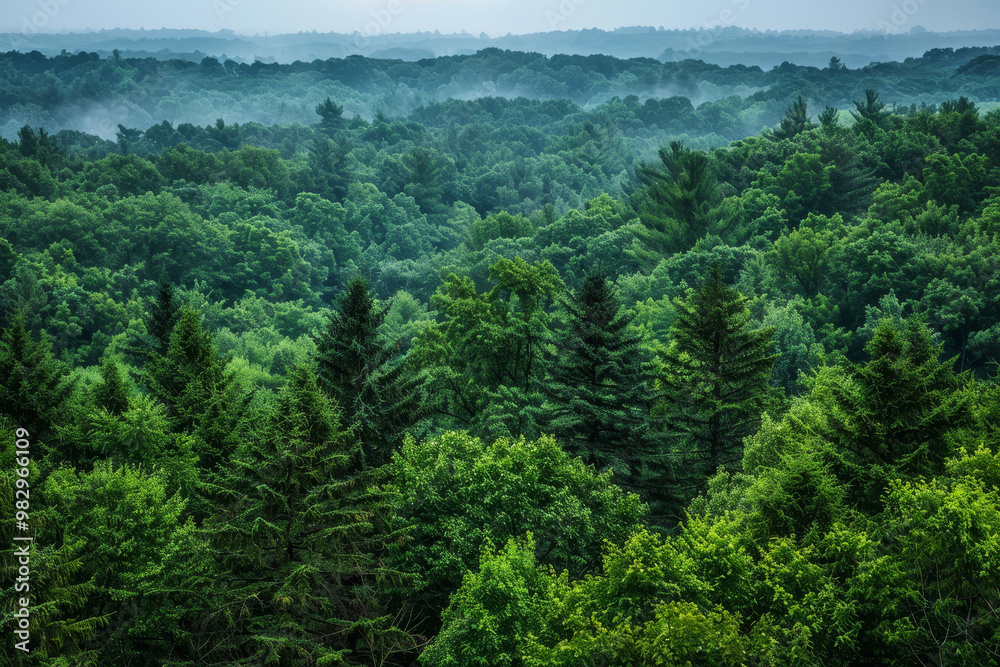 A lush green forest with trees of various sizes A lush green forest with trees of various sizes