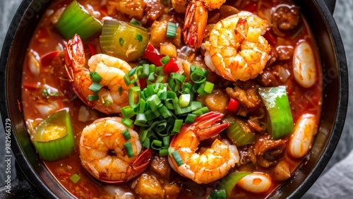 A dish with spicy seafood gumbo stuffed with shrimps, crabs, andouille sausages and okra, garnished with chopped green onions. photo