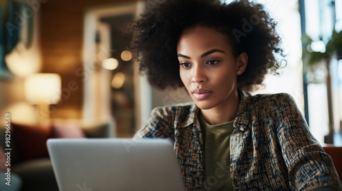 Young professional woman is working from home, concentrating on her laptop screen in a cozy and modern home office setting