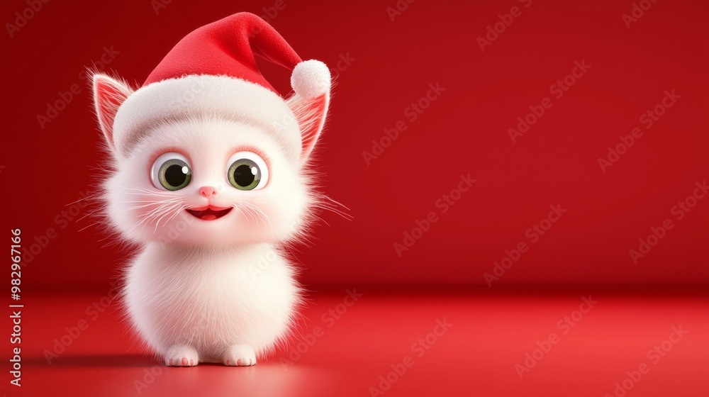 White kitten in a santa hat sits on a red background, embodying holiday cheer. Fluffy, cute, and festive, perfect for greeting cards White kitten in a santa hat sits on a red background, embodying holiday cheer. Fluffy, cute, and festive, perfect for greeting cards