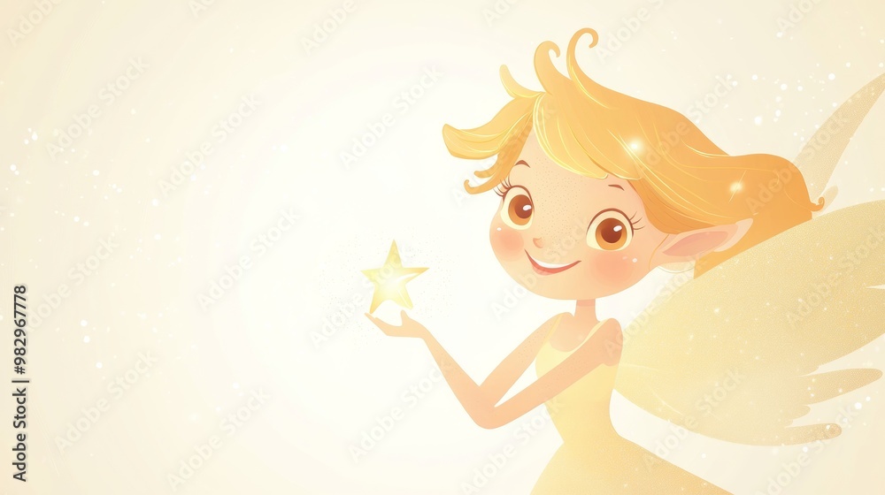 Lovely fairy with blonde hair and a yellow dress is holding a magical star, spreading joy and wonder. The fairy and star are surrounded by sparkles Lovely fairy with blonde hair and a yellow dress is holding a magical star, spreading joy and wonder. The fairy and star are surrounded by sparkles