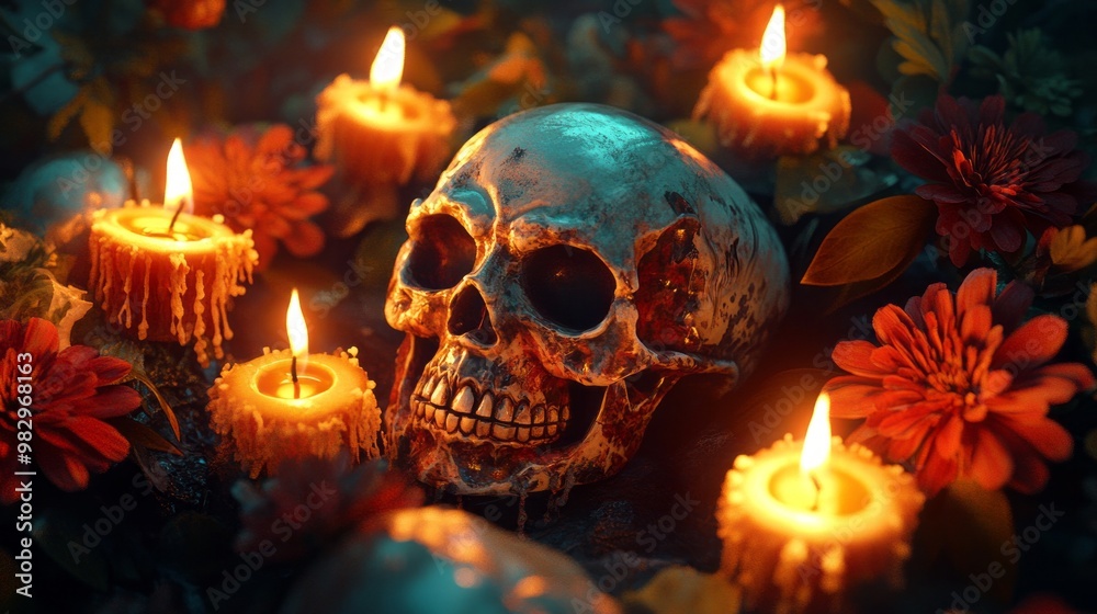 Glowing Skulls: 3D Digital Art with Realistic Flowers and Candles