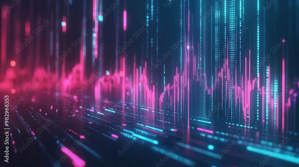 dynamic data visualization abstract 3d chart with neonlit geometric shapes and flowing data streams creating a futuristic financial landscape against a dark backdrop