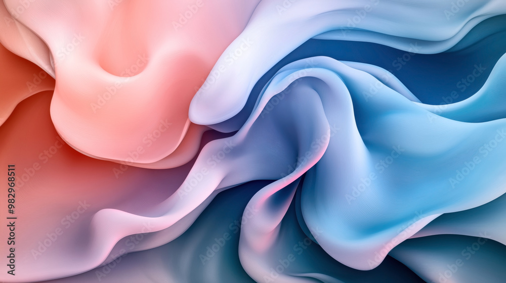 Obraz premium Abstract image of smooth, flowing textures in shades of red, pink, and blue. The color gradients create a sense of movement and depth, resembling a fabric-like visual effect.