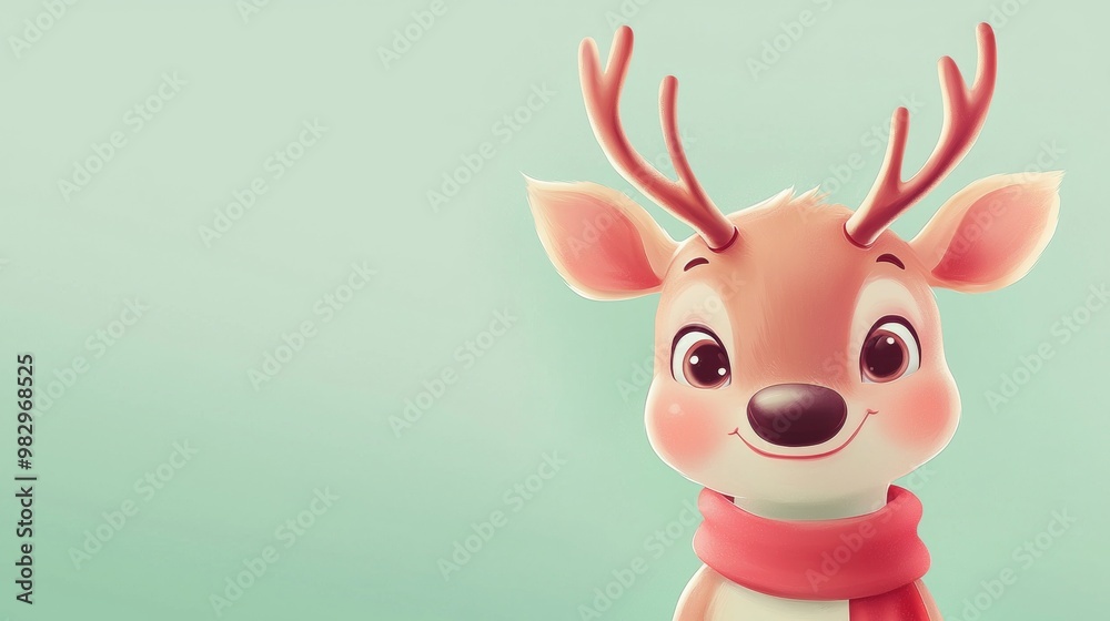 Cute cartoon reindeer wearing a red scarf is smiling on a green background. This illustration is perfect for christmas projects Cute cartoon reindeer wearing a red scarf is smiling on a green background. This illustration is perfect for christmas projects