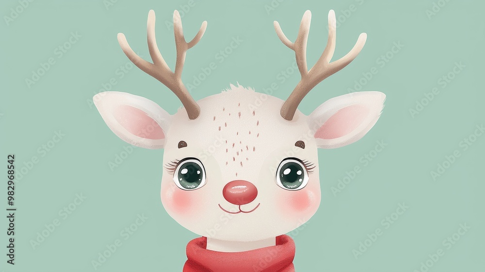 Fototapeta premium Charming cartoon reindeer with big eyes and a red scarf smiles brightly against a teal background, perfect for festive designs