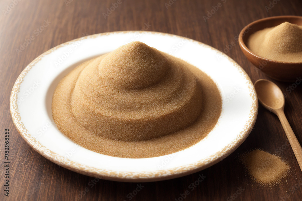 Pile of brown sugar stick in a weird shape from moisture on a wooden table Pile of brown sugar stick in a weird shape from moisture on a wooden table
