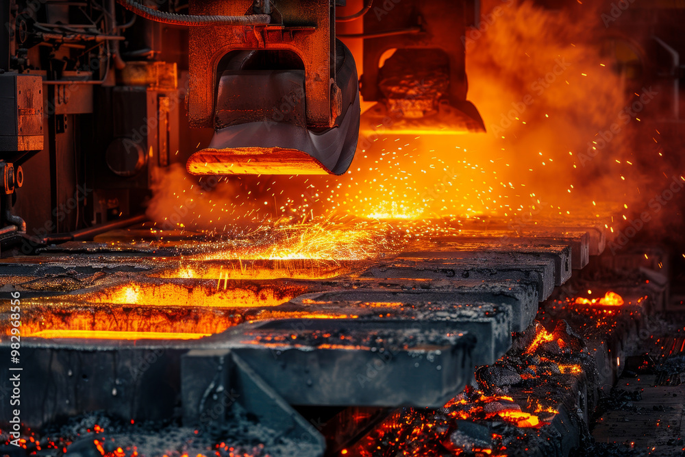 A factory with a large furnace that is producing metal A factory with a large furnace that is producing metal
