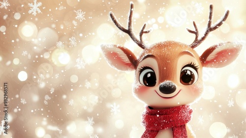 Cute reindeer smiles warmly in a red scarf against a gold backdrop, with snowflakes falling around. Perfect for holiday cards and celebrations