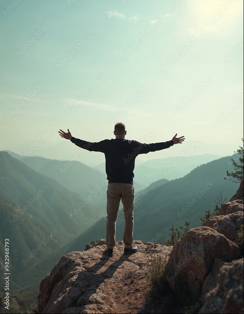 Man Standing on Mountain Peak with Arms Outstretched: Freedom, Adventure, and Success Man Standing on Mountain Peak with Arms Outstretched: Freedom, Adventure, and Success