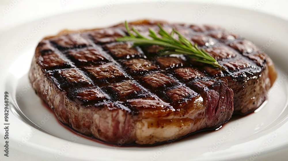 Charbroiled steak, medium-well, isolated on a white porcelain plate background Charbroiled steak, medium-well, isolated on a white porcelain plate background