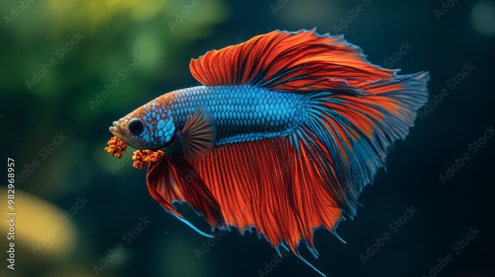Fototapeta premium A colorful Betta fish swims in its tank, munching on food against a dark background.