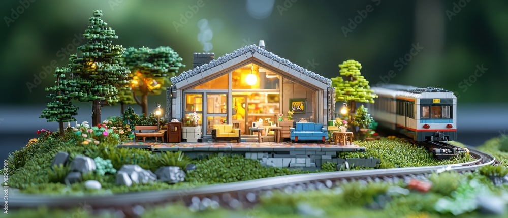 Obraz premium Cozy Miniature House with Train and Scenic Garden
