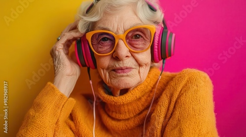 eccentric seniors musical journey vibrant portrait of an elderly woman with funky glasses and headphones immersed in music against a colorblocked pink and yellow studio backdrop photo