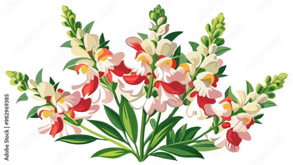 Snapdragon Flowers Illustration in Full Bloom - Colorful White, Red, and Yellow Floral Display with Lush Greenery Snapdragon Flowers Illustration in Full Bloom - Colorful White, Red, and Yellow Floral Display with Lush Greenery
