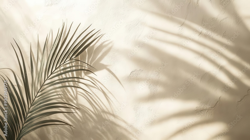 Obraz premium elegant interplay of palm leaf shadows on textured beige wall minimalist composition creates soothing tropical ambiance with subtle depth and organic patterns