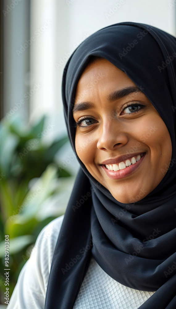portrait of young smiling beautiful black women in muslim hijab white shirt indoor blurred background vertical photo
