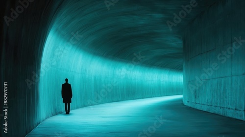 A person standing in a tunnel with blue lights coming out of it, AI