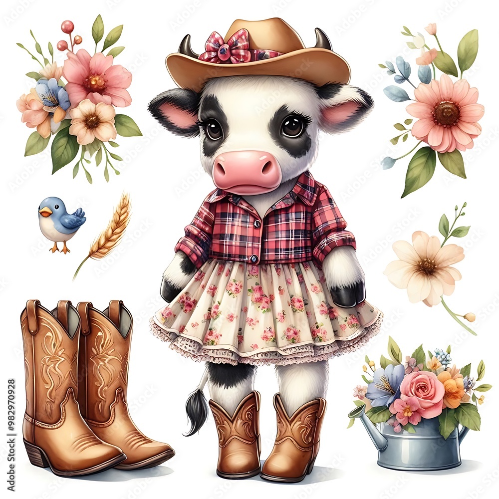 Φωτογραφία Adorable Cowgirl Calf in Plaid Dress with Cowboy Boots and Floral Accents – Cute