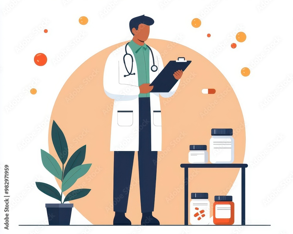 Pharmacist holding a clipboard with medications, clinical workspace, isolated, flat design illustration Pharmacist holding a clipboard with medications, clinical workspace, isolated, flat design illustration