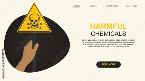 Harmful chemicals banner. A hand points to a yellow triangle warning sign with a skull and crossbones, symbolizing the danger of harmful chemicals