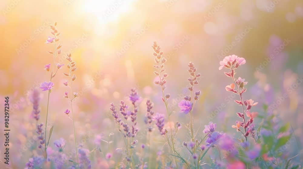 enchanting wildflower meadow at golden hour soft focus foreground of purple and pink blooms dreamy hazy background suffused with warm light evokes romantic pastoral atmosphere enchanting wildflower meadow at golden hour soft focus foreground of purple and pink blooms dreamy hazy background suffused with warm light evokes romantic pastoral atmosphere