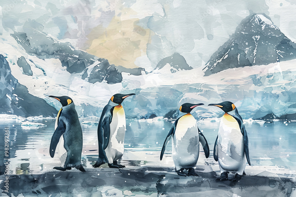 Obraz premium Four penguins standing on a rocky shoreline in front of a snowy mountain