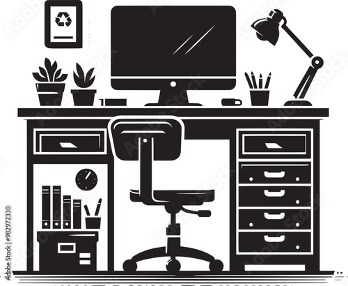 Computer and study desk room silhouette vector illustration isolated on a white background