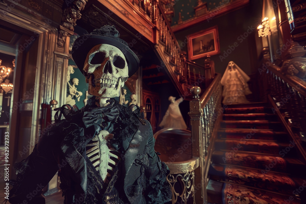 Obraz premium A skeleton dressed in a black suit stands in front of a staircase