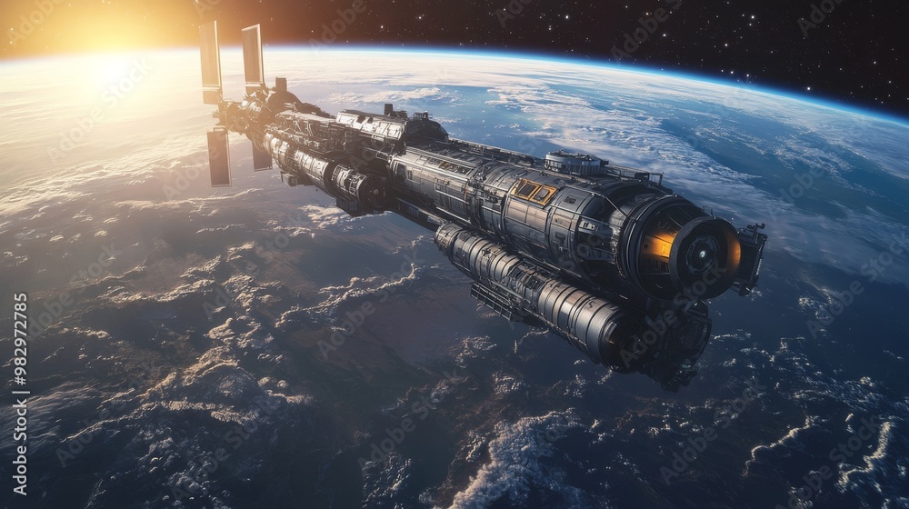 A futuristic spaceship or station orbits Earth, illuminated by sunlight, showcasing advanced technology against the backdrop of our planet. A futuristic spaceship or station orbits Earth, illuminated by sunlight, showcasing advanced technology against the backdrop of our planet.