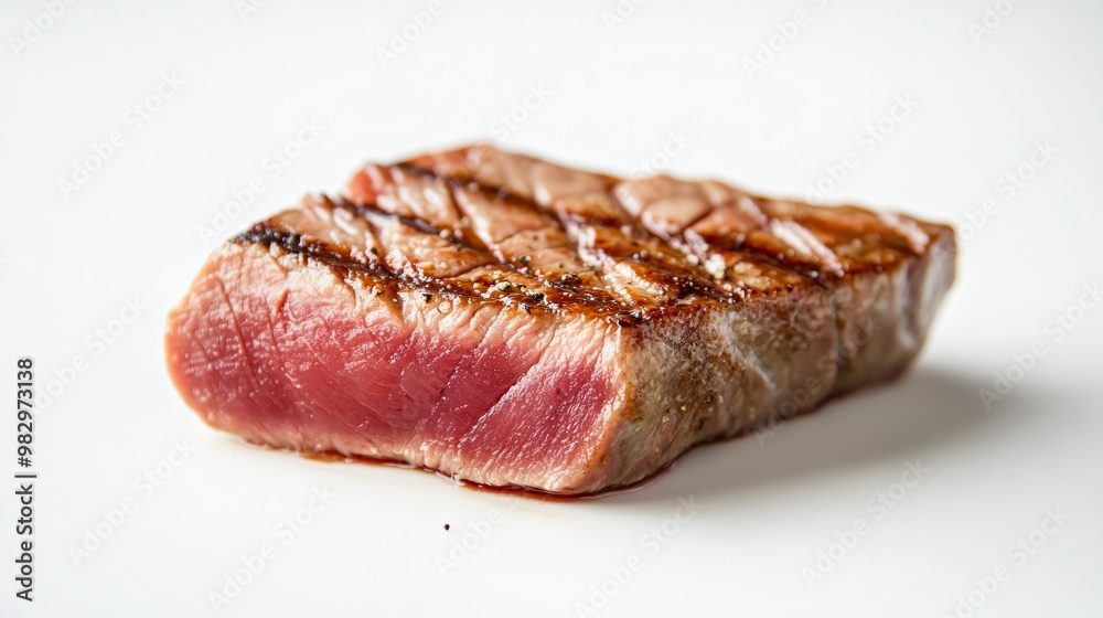Pan-seared tuna steak, rare in the center, isolated on a minimalistic white background Pan-seared tuna steak, rare in the center, isolated on a minimalistic white background