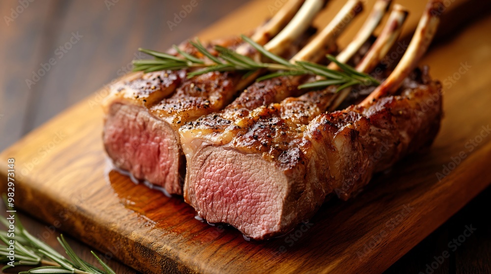 Perfectly cooked rack of lamb, medium-rare, garnished with rosemary, isolated on a wooden chopping board Perfectly cooked rack of lamb, medium-rare, garnished with rosemary, isolated on a wooden chopping board