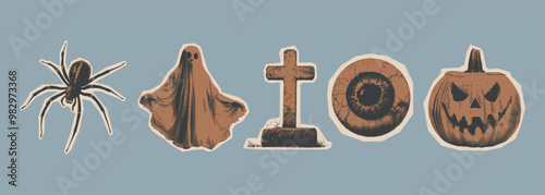 Halloween halftone stickers. Spider, ghost, eye, pumpkin. Collage gothic cutout with photocopy texture. Vintage monochrome dotted illustration for poster, t-shirt prints, invitations. 