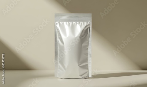 White foil pouch on beige background.