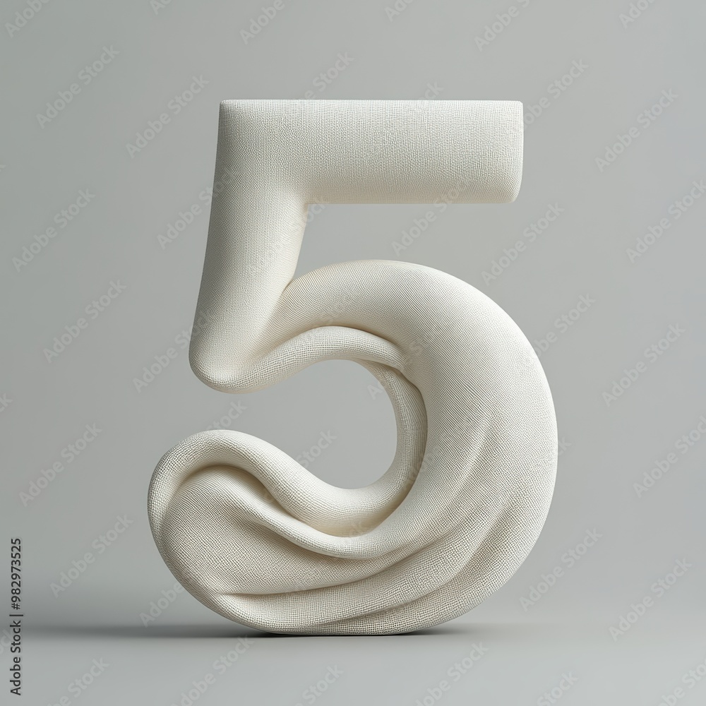 3D number 5 with towel texture realistic modern design, soft lighting, grey background