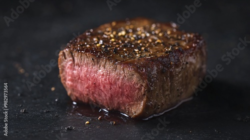 Seared venison steak, rare, isolated on a dark textured background photo