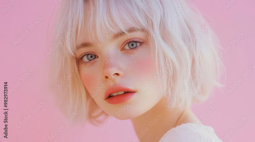ethereal portrait of a pixielike woman with platinum bob against a pastel pink backdrop delicate features and wideeyed innocence evoke a whimsical fairytale quality ethereal portrait of a pixielike woman with platinum bob against a pastel pink backdrop delicate features and wideeyed innocence evoke a whimsical fairytale quality