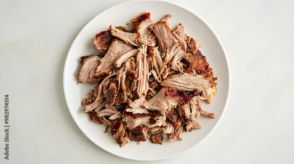 Slow-roasted pork shoulder, shredded, arranged on a simple white plate Slow-roasted pork shoulder, shredded, arranged on a simple white plate