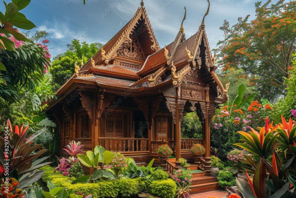 Obraz premium A small wooden house with a porch and a garden in front of it