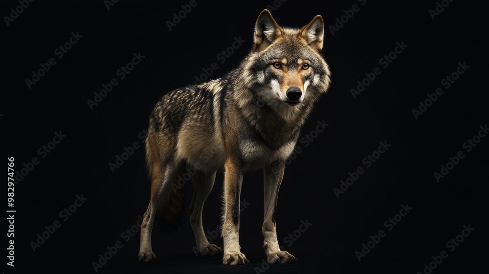 Fototapeta premium A dark wolf stands out against a black background.