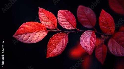 Close-up of vibrant red leaves on a branch against a dark background.