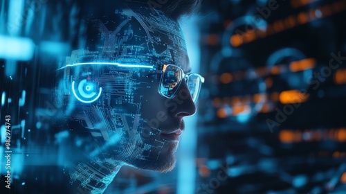 Wallpaper Mural A futuristic profile of a person with glasses surrounded by digital data, symbolizing technology, AI, and virtual reality. Torontodigital.ca