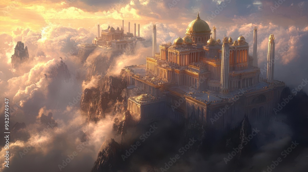 Naklejka premium fantastical palace atop mount olympus home of the greek gods gleaming marble columns and golden domes pierce the clouds surrounded by ethereal mists and otherworldly light