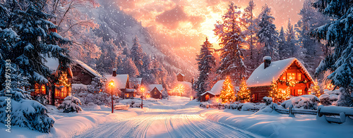 Christmas postcard. Snow-capped mountain village. Cabins photo