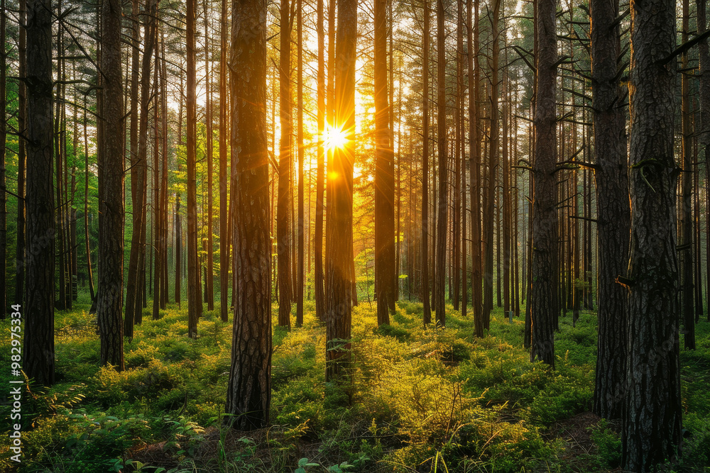 Obraz premium A forest with a sun shining through the trees